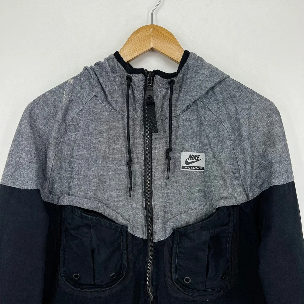 Nike International Mens Colorblock Full Zip Hooded Utility Jacket Grey Black S
